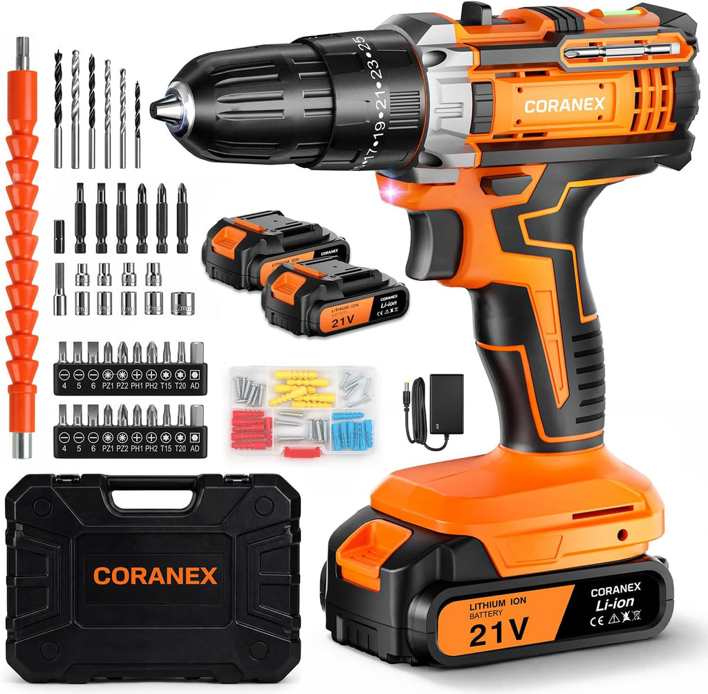 21V Cordless Drill Set with Case | Easy to Control & Lightweight | 2 Batteries | 3/8" Keyless Chuck
