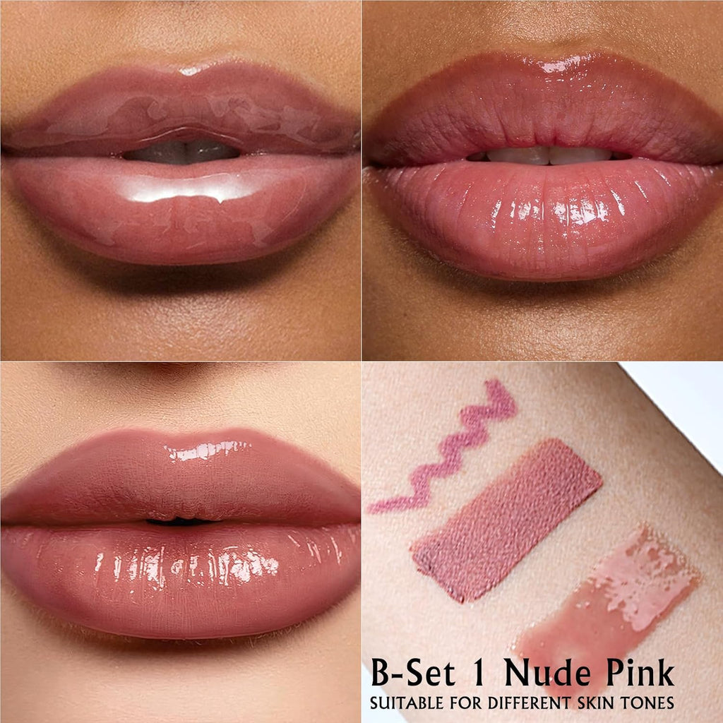 Nude Pink Lip Kit - Matte Lipstick Cream Lip Liner and Gloss Set High Pigment Plumping Lip Pencil Moisturizing
