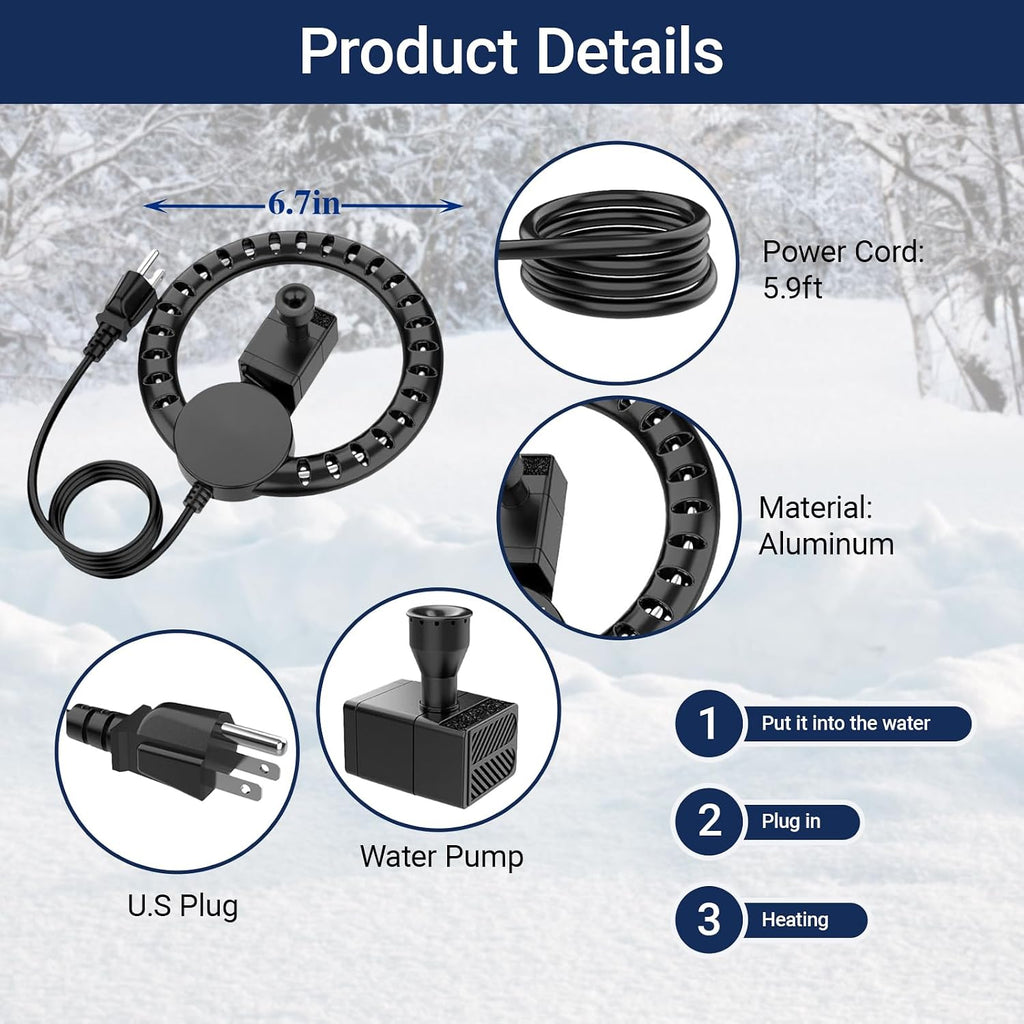 Bird Bath Heater with Water Pump Fountain, Cast Aluminum Birdbath Deicer for Outdoor Birdbath and Animal Water Bowel
