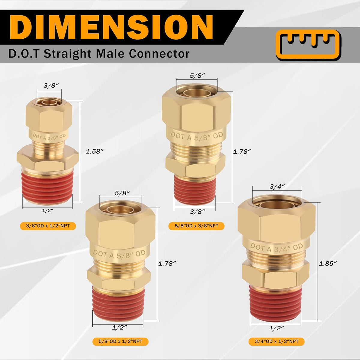 5PCS Brass DOT 3/8" Tube x 3/8"NPT Compression Union Nylon Tubing
