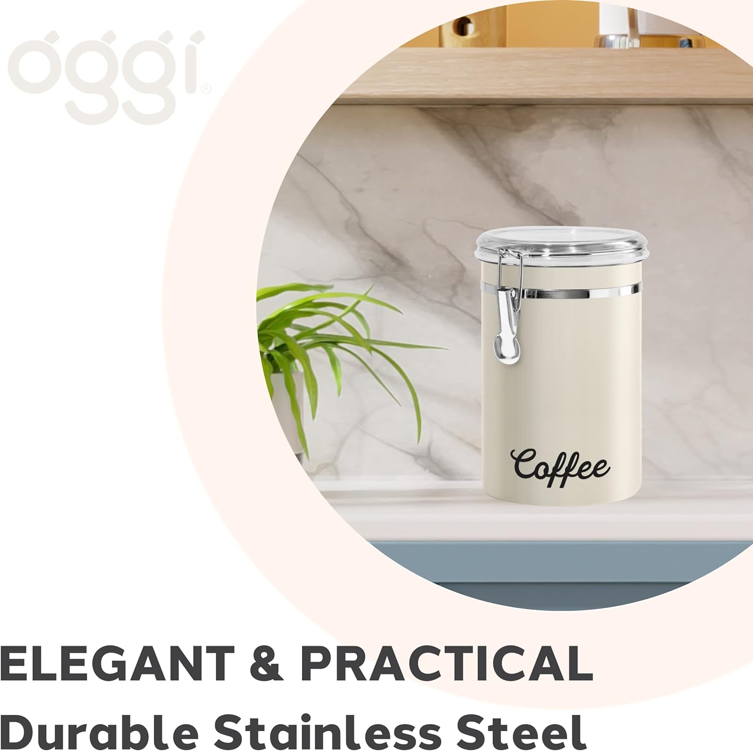 Stainless Steel Coffee Canister 62 fl oz - Airtight Clamp Lid, Warm Gray, Tinted See-Thru Top - Ideal for Coffee Bean