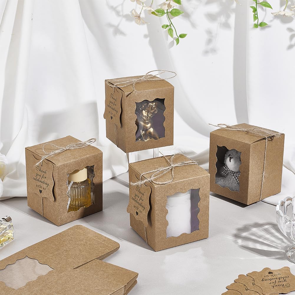 50pcs Candle Gift Boxes, Paper Gift Boxes 3.35x3.35x3.94inch Small Packaging Box with Visible Window Tags and Ropes