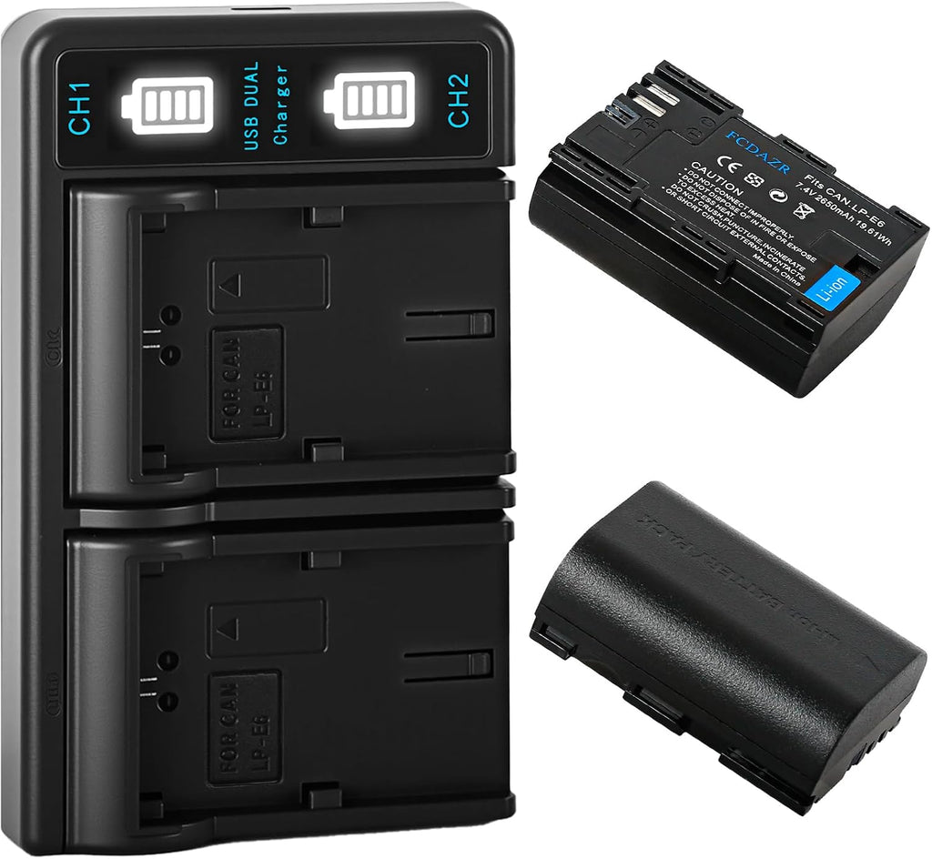 LP-E6 LP-E6N Battery(2-Pack) and Dual USB Charger | Compatible with Canon EOS 5D Mark II III IV, 5DS, 5DS R, 6D, 6D
