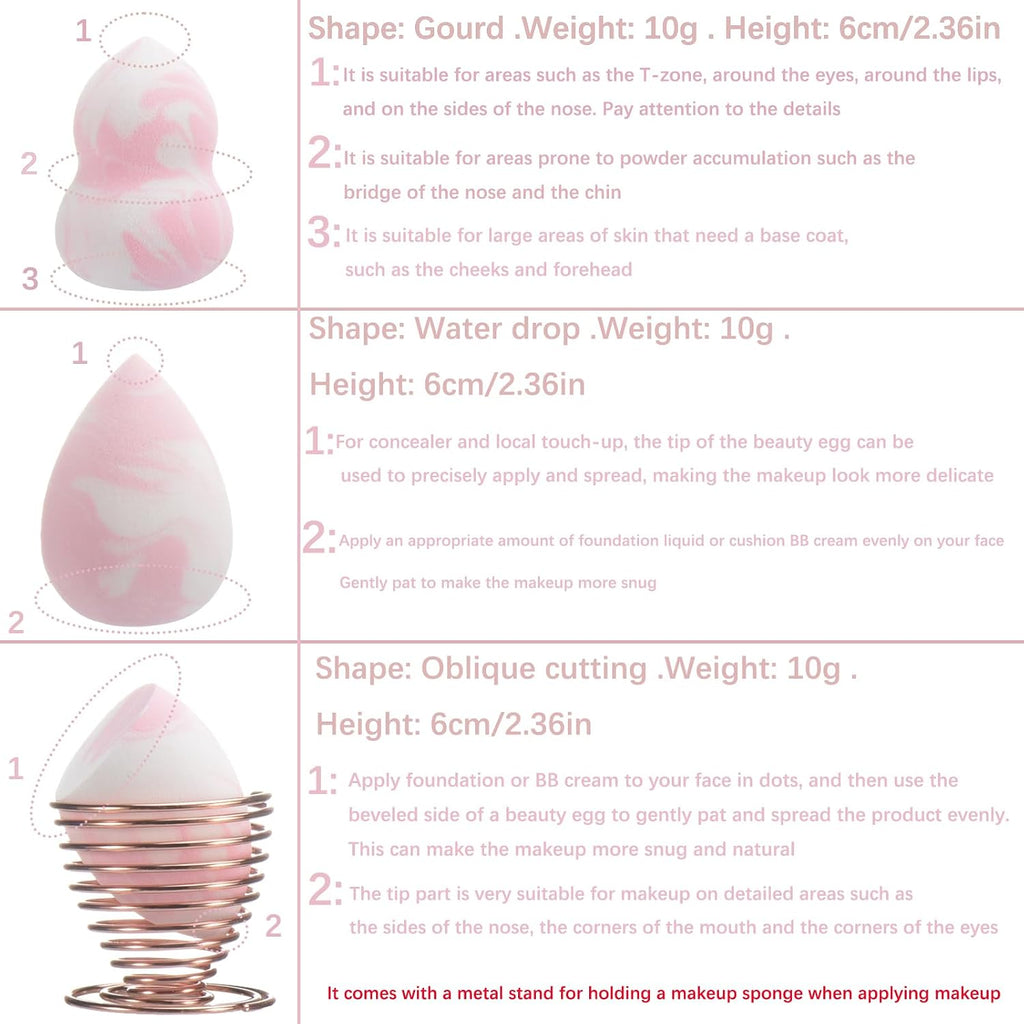 Pink Makeup Brushes set, 4 Dual-Ended Brushes, 3 Makeup Sponges & 1 Metal Stand, Professional Complete Cosmetic Brush