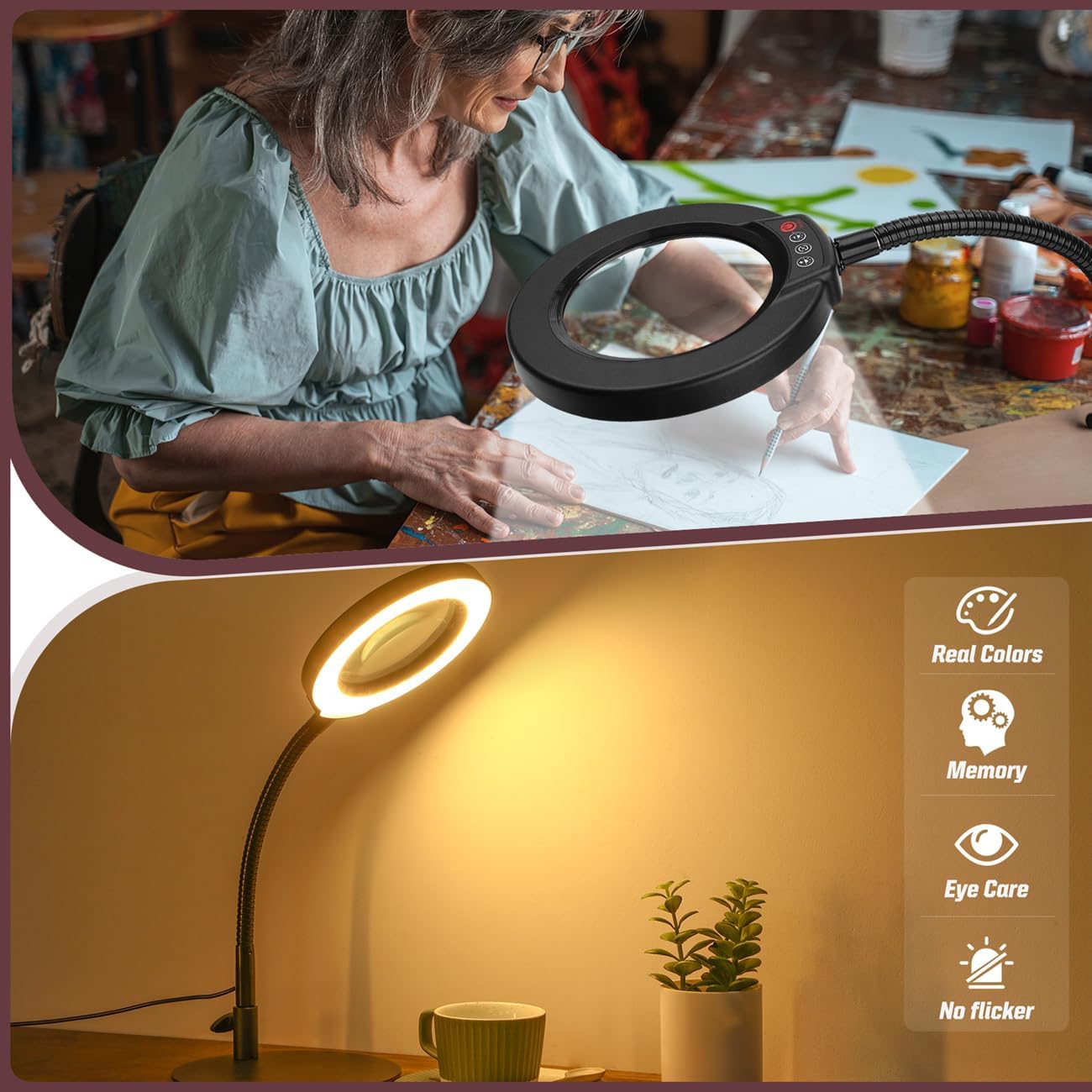 10X Magnifying Glass with Light and Stand, 5 Color Modes Stepless Dimmable LED Lighted Desk Lamp, Hands Free