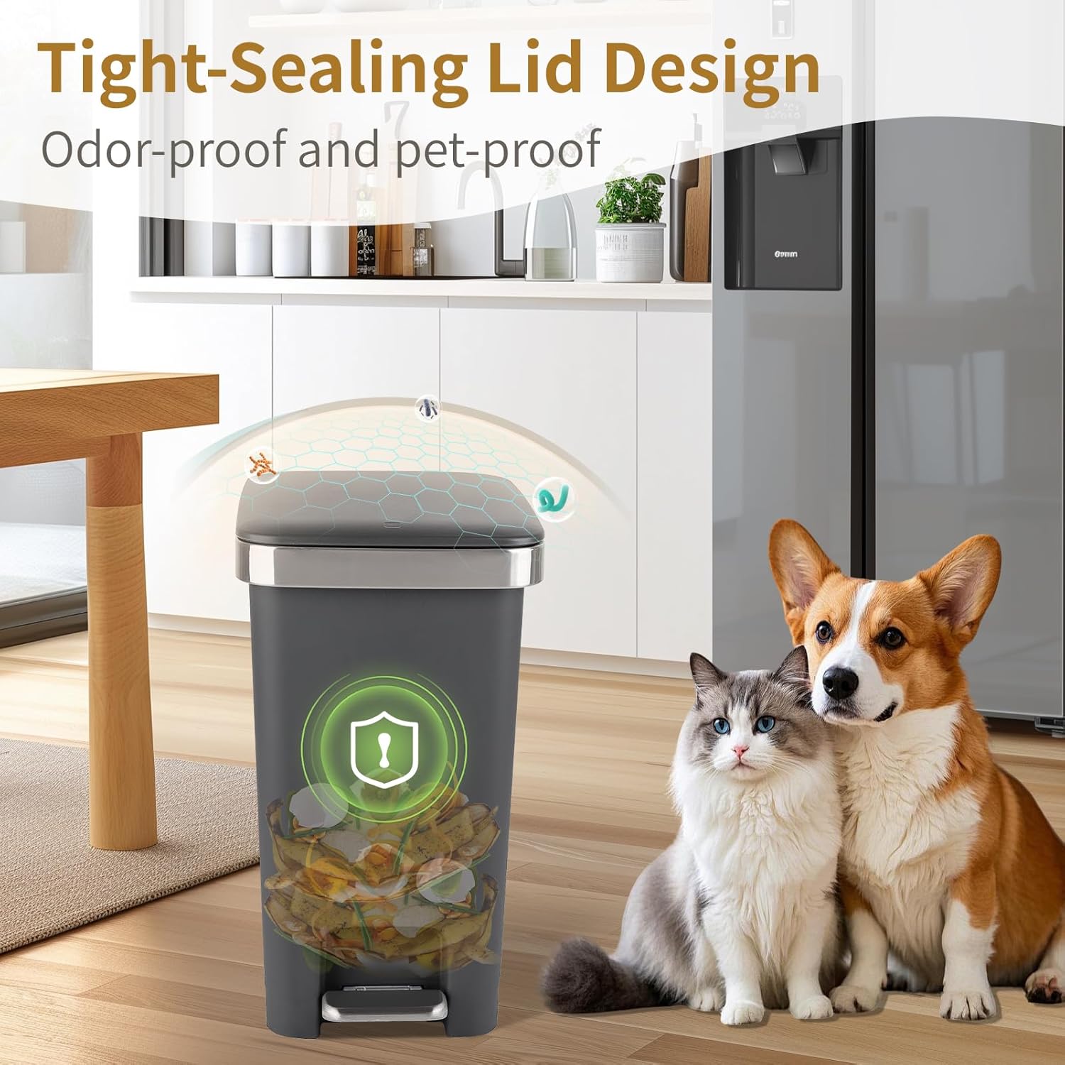 Small Bathroom Trash Can with Lid and 3 Rolls Trash Bags, Step Pedal Wastebasket Plastic Garbage Can with Pop-Up Lid