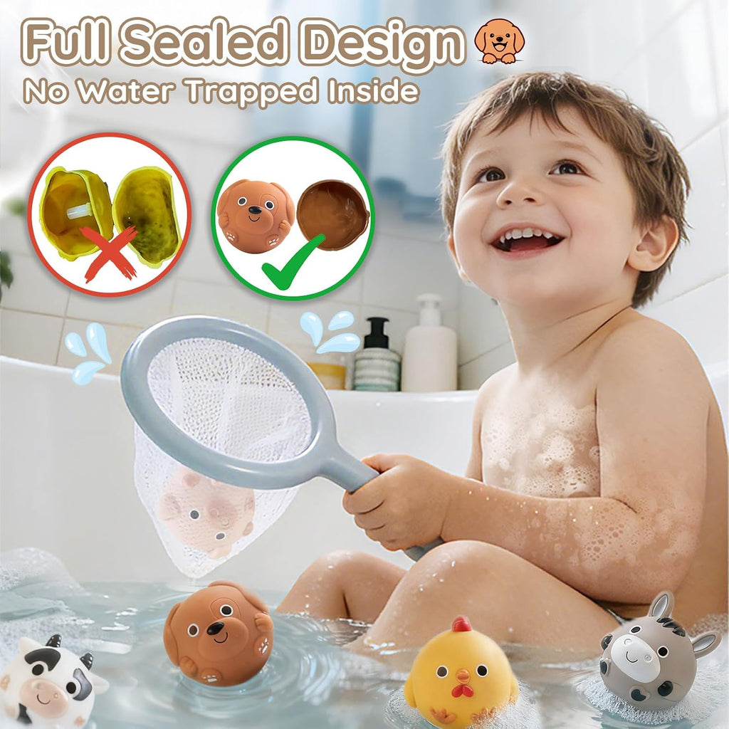 No-Hole Farm Animal Bath Toys for Kids Ages 1-3, Water Slide Toys | Bath Basketball Hoop, Fishing Net, Storage Bag