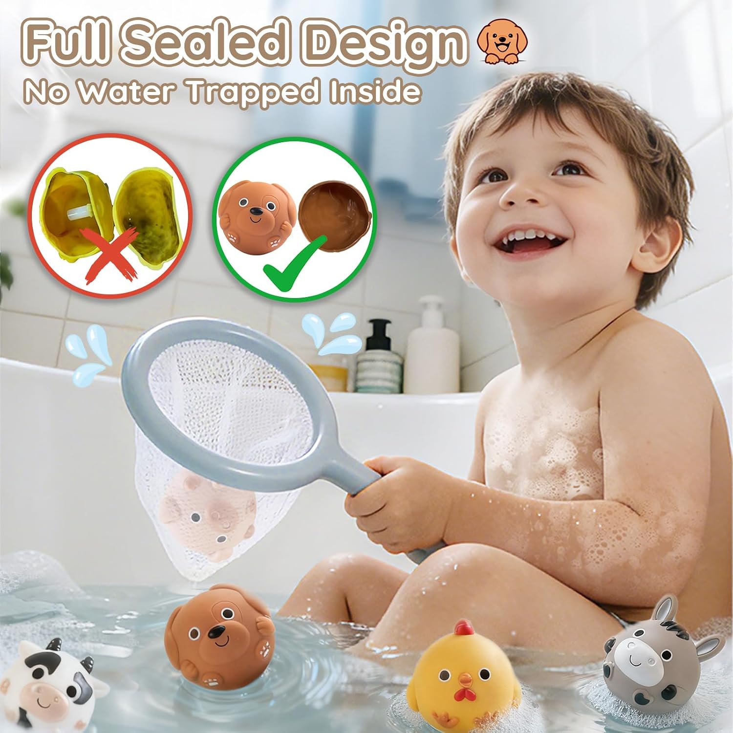 No-Hole Farm Animal Bath Toys for Kids Ages 1-3, Water Slide Toys | Bath Basketball Hoop, Fishing Net, Storage Bag