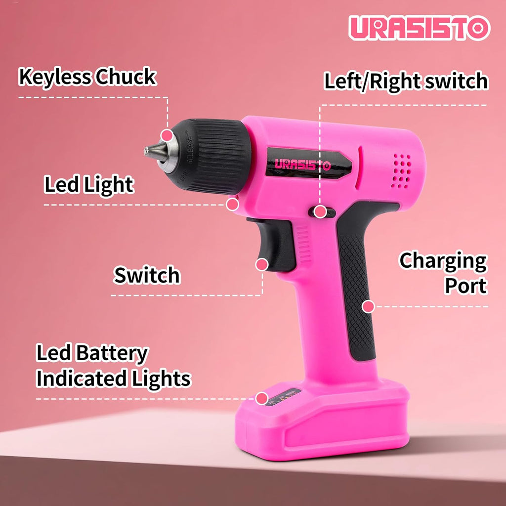 8V Pink Cordless Drill, Power Drill Tool Set, Built-in LED, 58pcs Acessories with Household Tool Set Gift Box, Pink