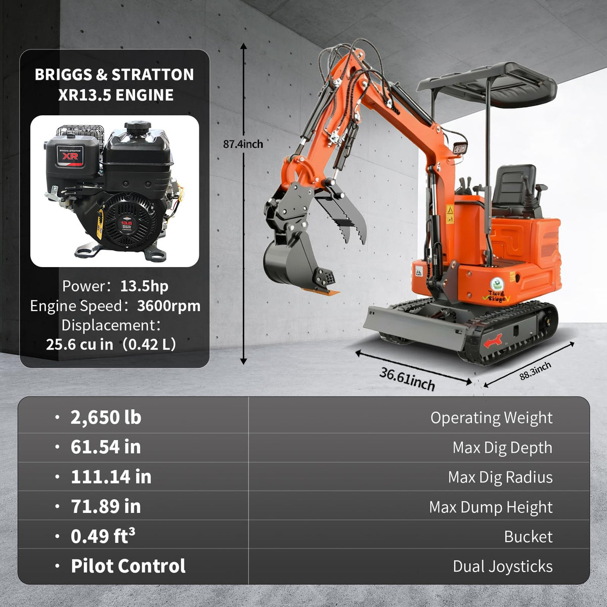 2650lb Mini Excavator 13.5 hp B&S Gas Engine.(Orange+3)