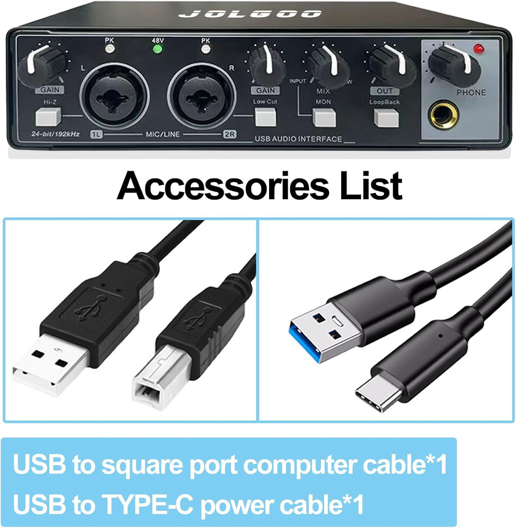 2x2 USB Audio Interface, 24-Bit/192kHz Phantom Power Recording Card | 24-Bit/192kHz Studio Quality, +48V Phantom
