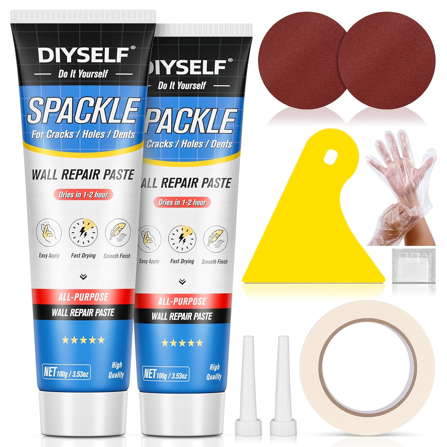 9-Piece Spackle Wall Repair Kit, 7 oz White Touch Up Paste Set | Complete Repair Tools, Easy-to-Apply Wall Putty for