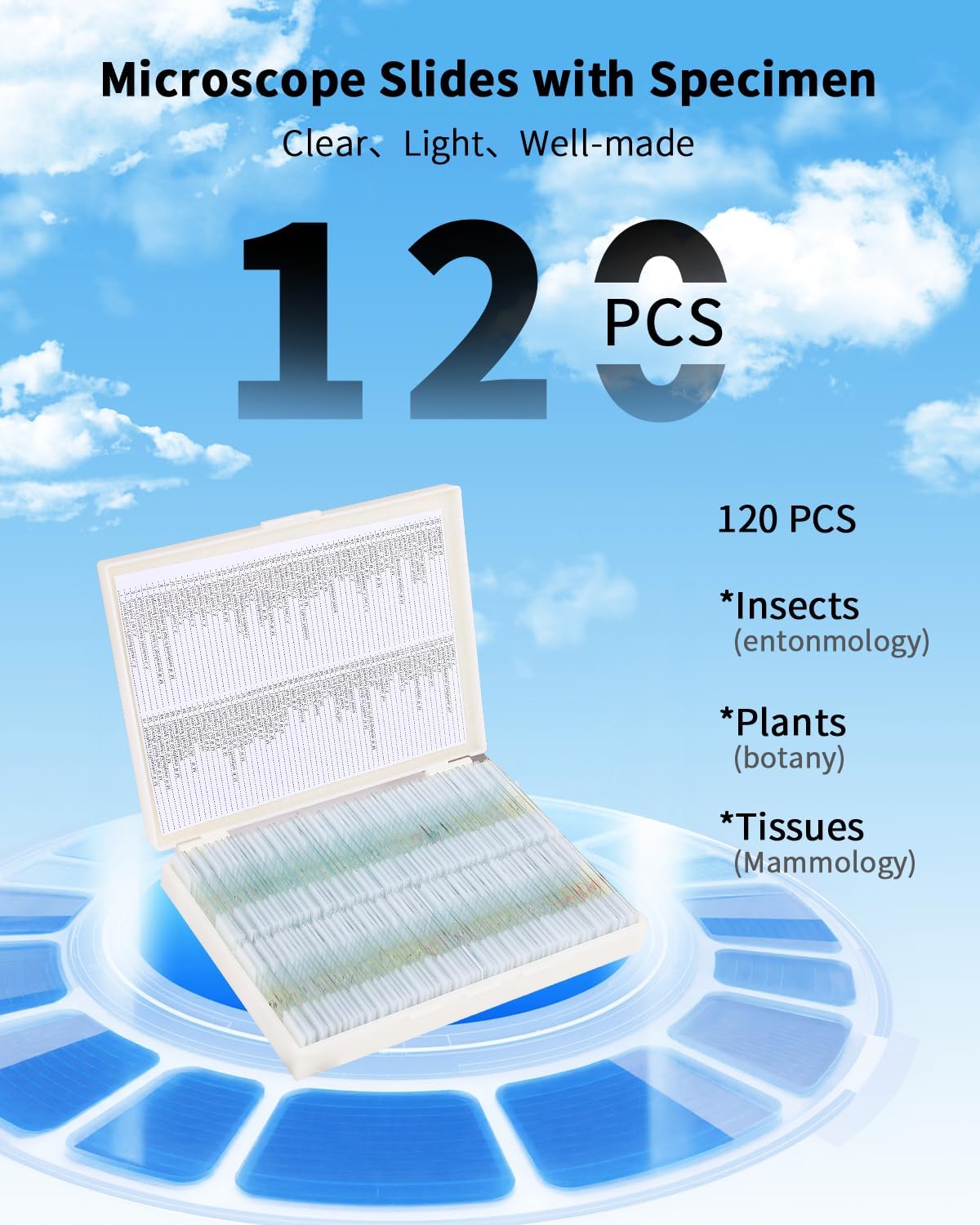 120-Pcs Microscope Slides with Specimens,Plant, Animal, Algae,etc,Educational Microscope Slides and Covers for Young