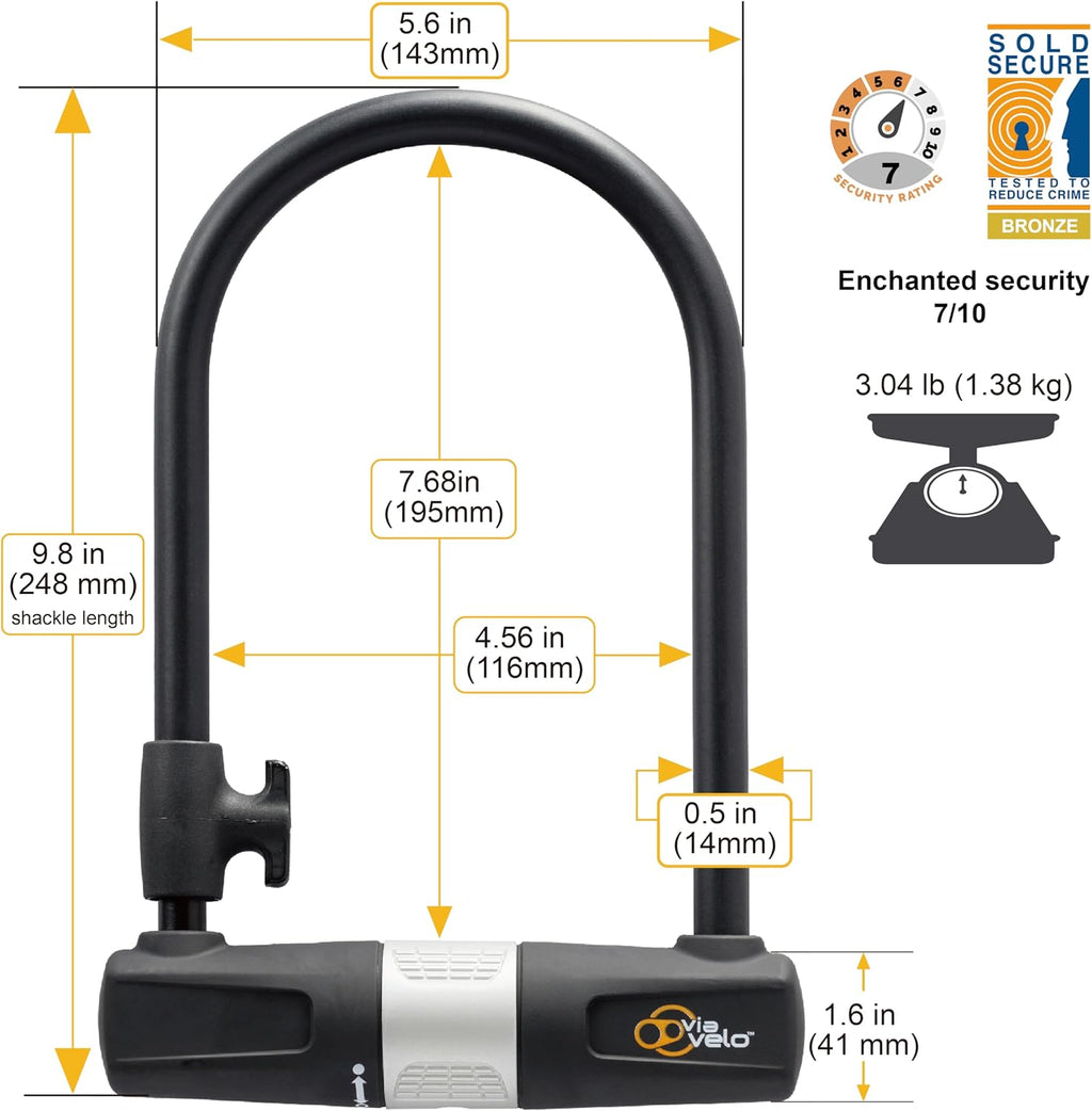 Bike U Lock with Cable - Via Velo Heavy Duty Bicycle U-Lock,14mm Shackle and 10mm x1.8m Cable with Mounting Bracket