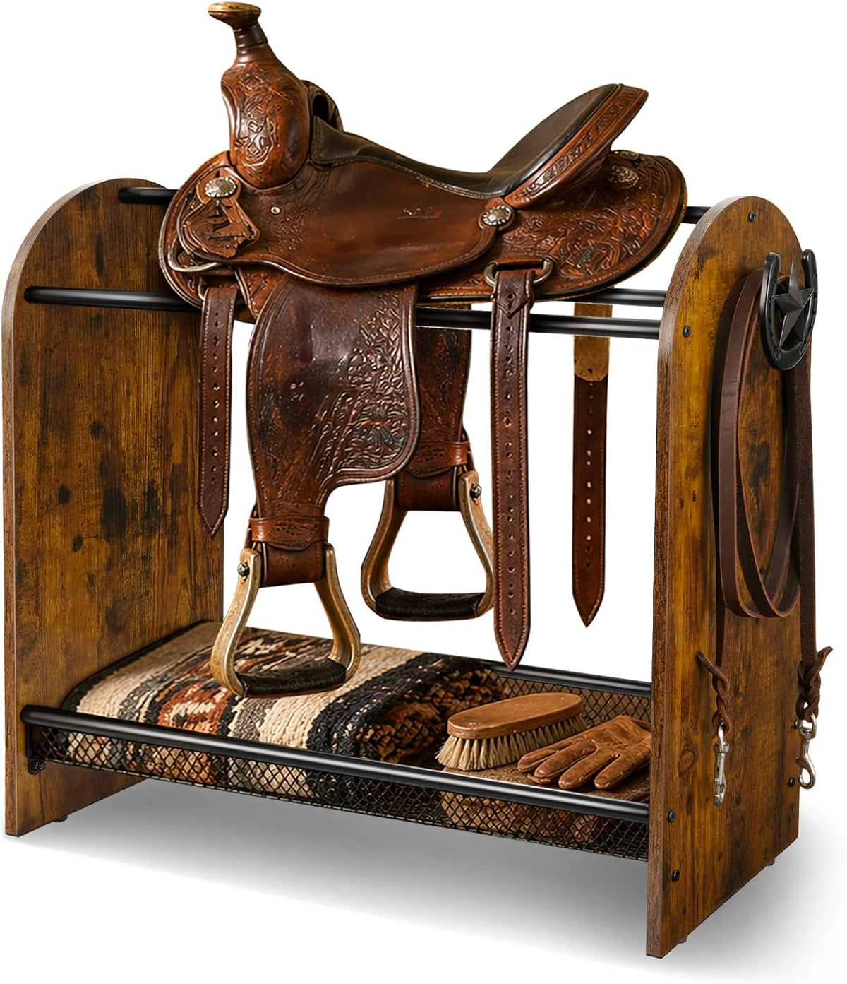 Saddle Rack Stand, Freestanding Horse Saddle Holder with Mesh Shelf, Hooks