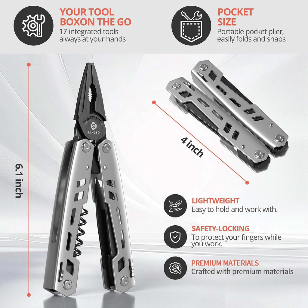 Multitool 17-in-1 Stainless Steel Multi Tool with Pocket Knife Needle Nose Pliers Bottle Opener Screwdriver