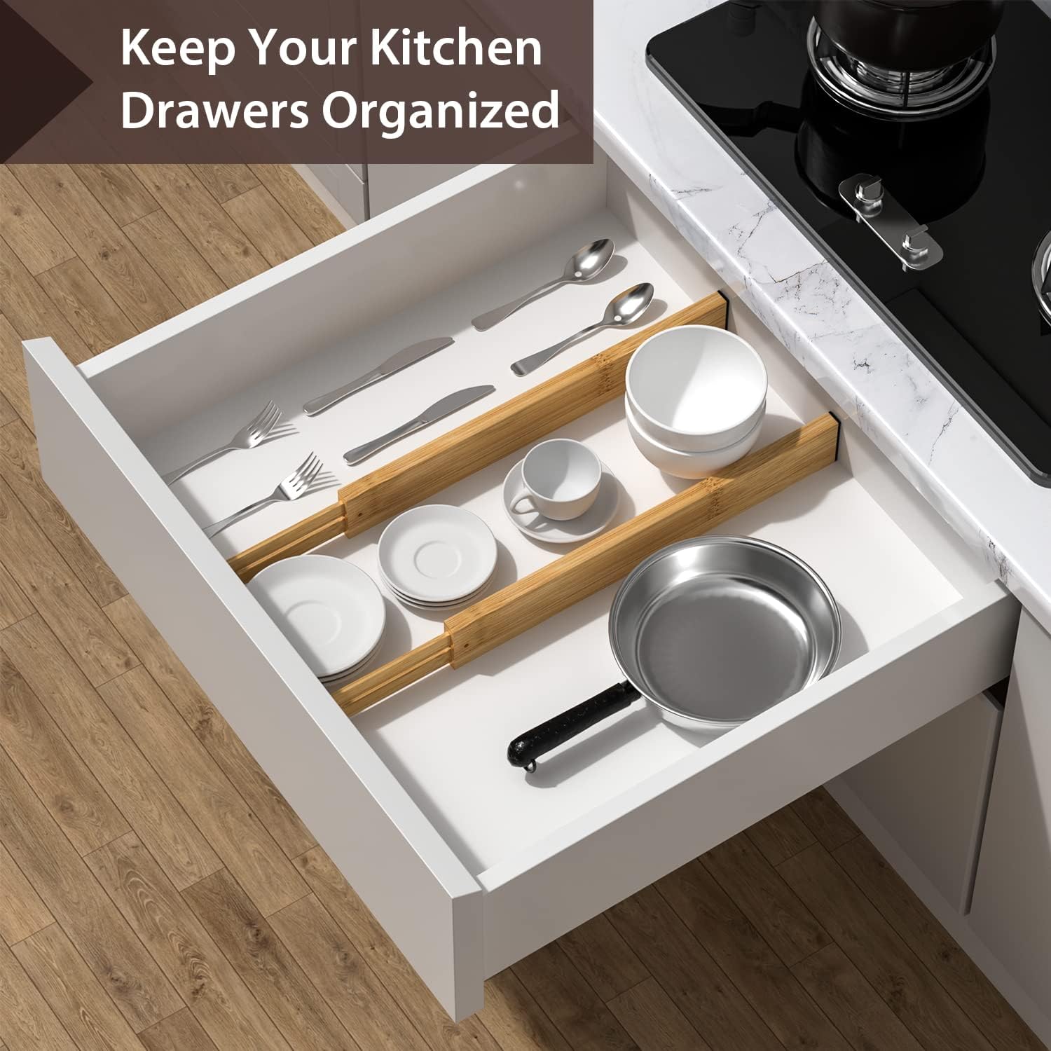 4 PCS Drawer Divider, 17"-22" Adjustable Bamboo Drawer Dividers Organizers, Expandable Separators for Kitchen