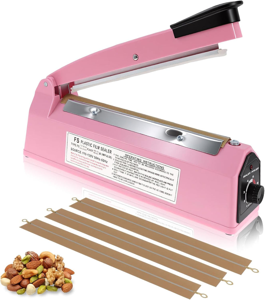 8 Inch Impulse Heat Sealer Machine with Extra Replace Element Grip, Pink