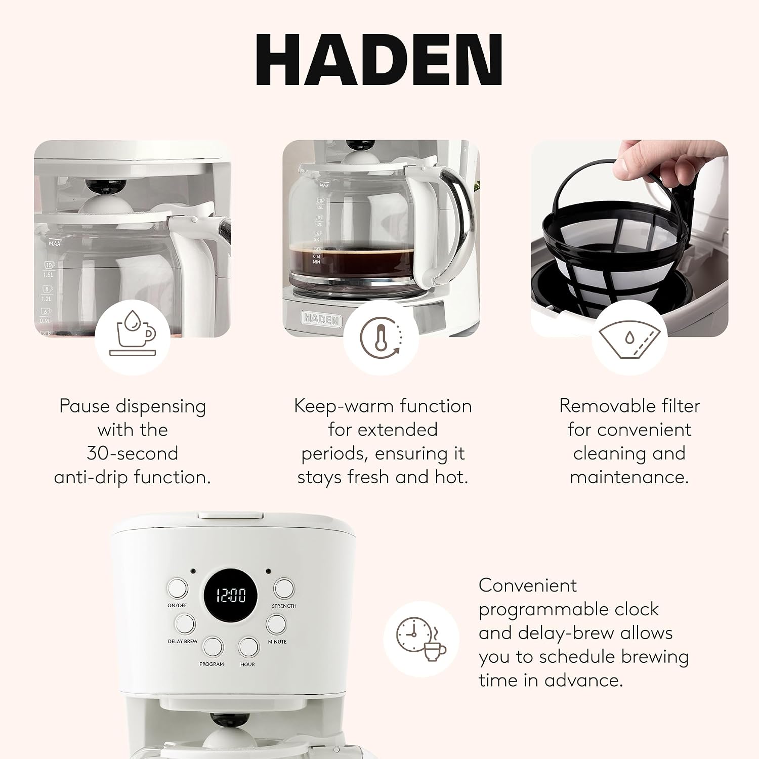 Coffee Machine, 12 Cup Programmable Drip Coffee Maker | with Auto Shut-Off Function and Reusable Washable Water