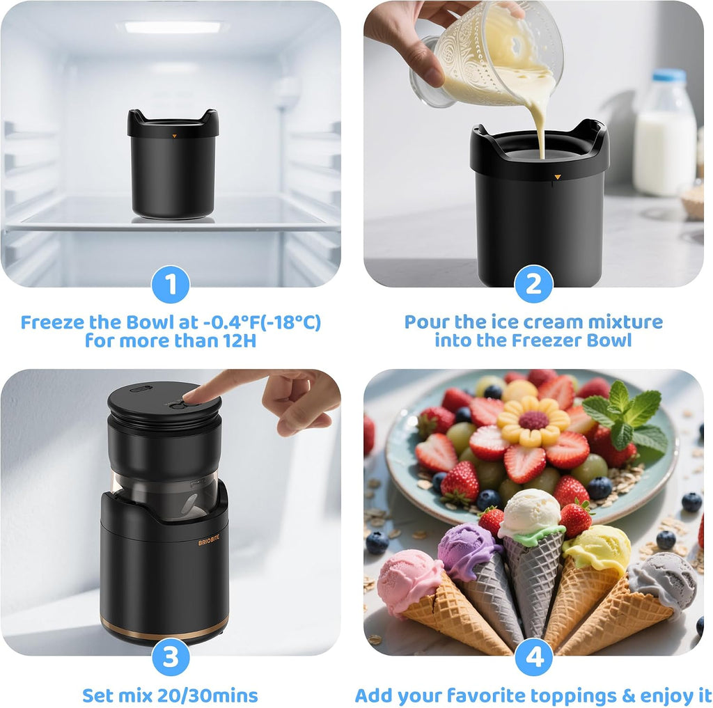 Ice Cream Maker Machine,Quiet,Rechargeable,1–2 Servings,Black