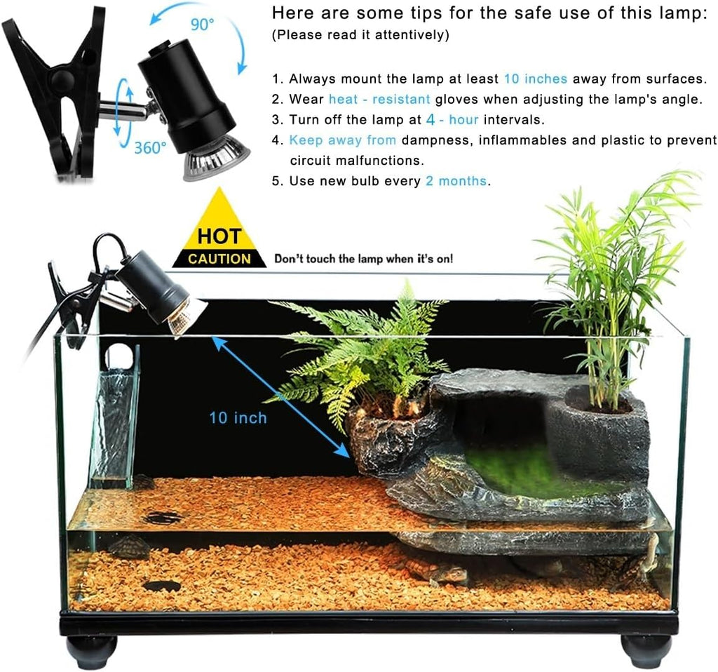 Turtle Heat Lamp + 2 Heating Bulbs (50W,35W), Reptile UVA UVB Basking Spot Lamp, Warming Light with Clamp for