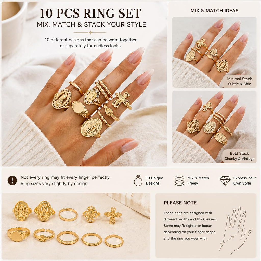 Vintage Gold Virgin Mary Cross Rings Set for Women,Chunky Stackable Boho Knuckle Rings Pack Retro Jewelry Accessories