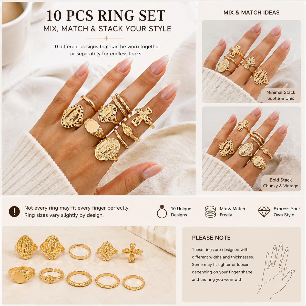 Vintage Gold Virgin Mary Cross Rings Set for Women,Chunky Stackable Boho Knuckle Rings Pack Retro Jewelry Accessories