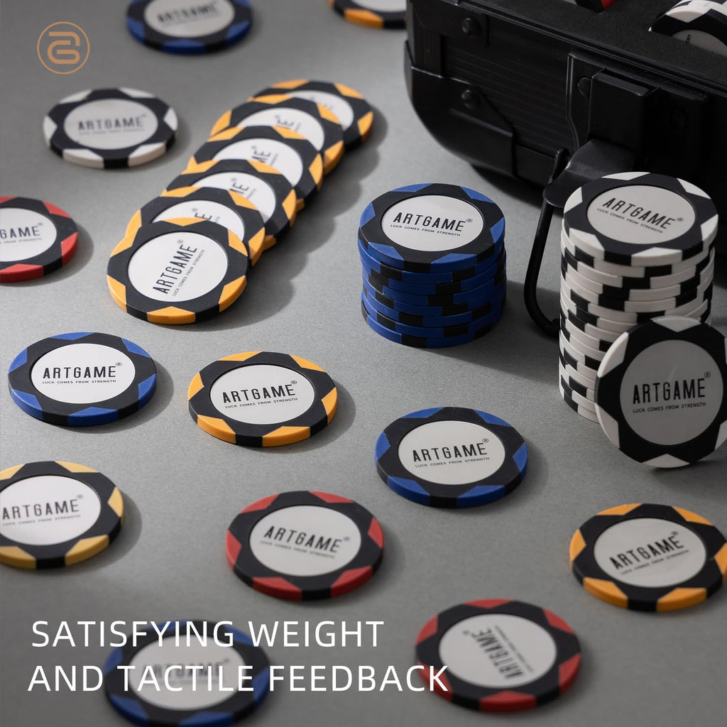 14 Gram Clay Poker Chip Set for Texas Hold’em, 300Pcs Casino Style Chips, with K-Type Aluminum Case and Dealer Buttons.