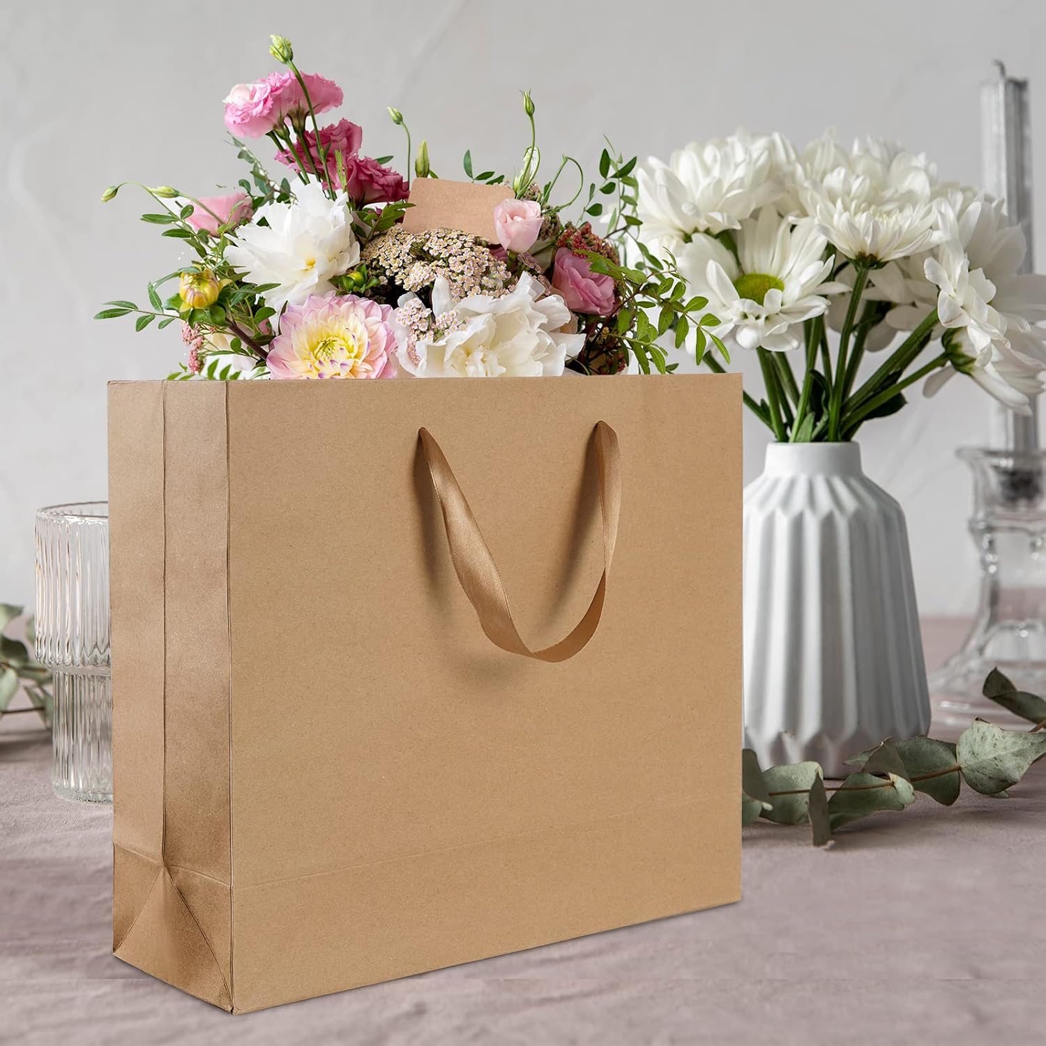 12.5" Large Brown Gift Bags for Presents with Tissue Paper & Ribbon Handles for Shopping, Small Business, Birthday