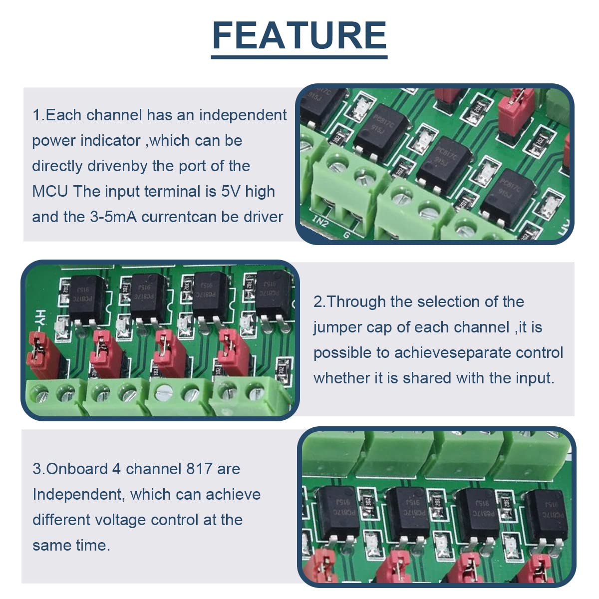 2 Pcs PC817 4 Channel Optocoupler Isolation Module 3.6-30V Voltage Converter Driver Photoelectric Isolated Board for Control Relay with 24AWG Wire