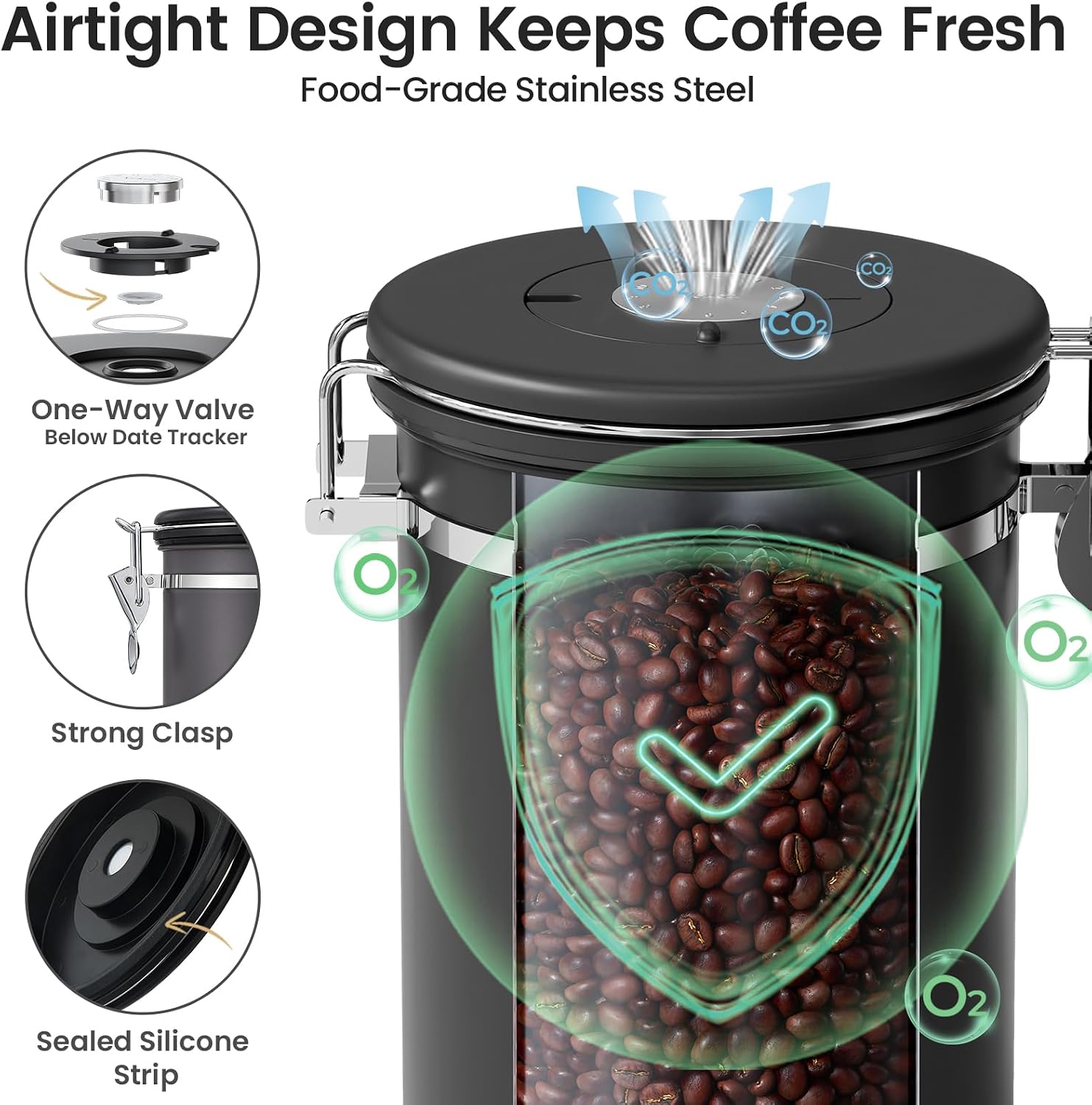 Coffee Canister with Window, Airtight Stainless Steel Container, 22OZ | Kitchen Food Storage Organizers for
