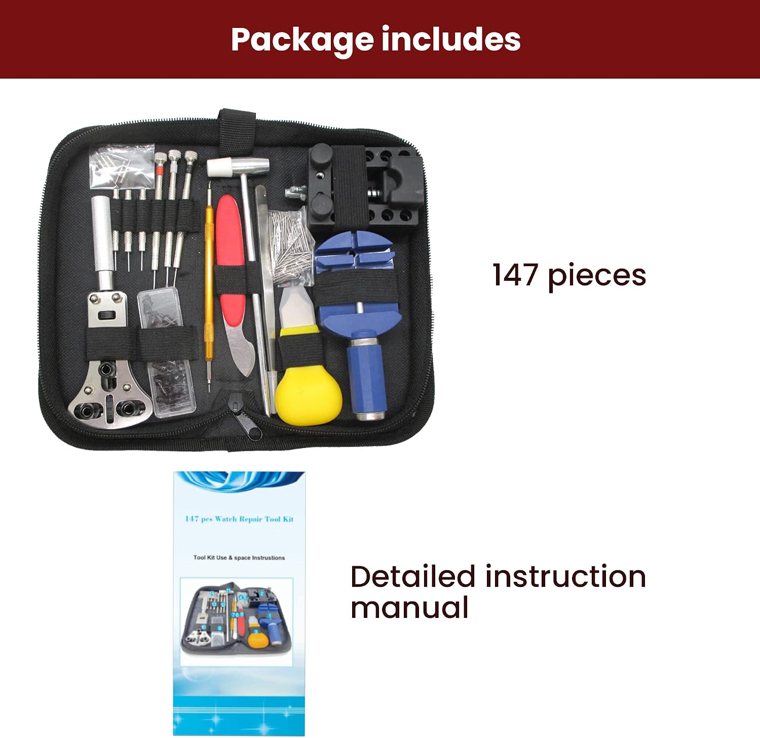Watch Repair Kit (147 Pieces) - Professional Service Set with Carry Case & User Manual - Battery, Band, Strap, Link