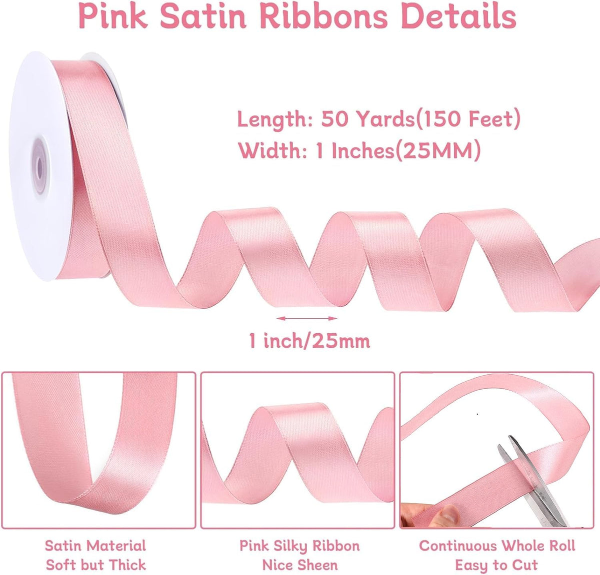 Pink Satin Ribbon 1 Inch x 50 Yards Pink Bow