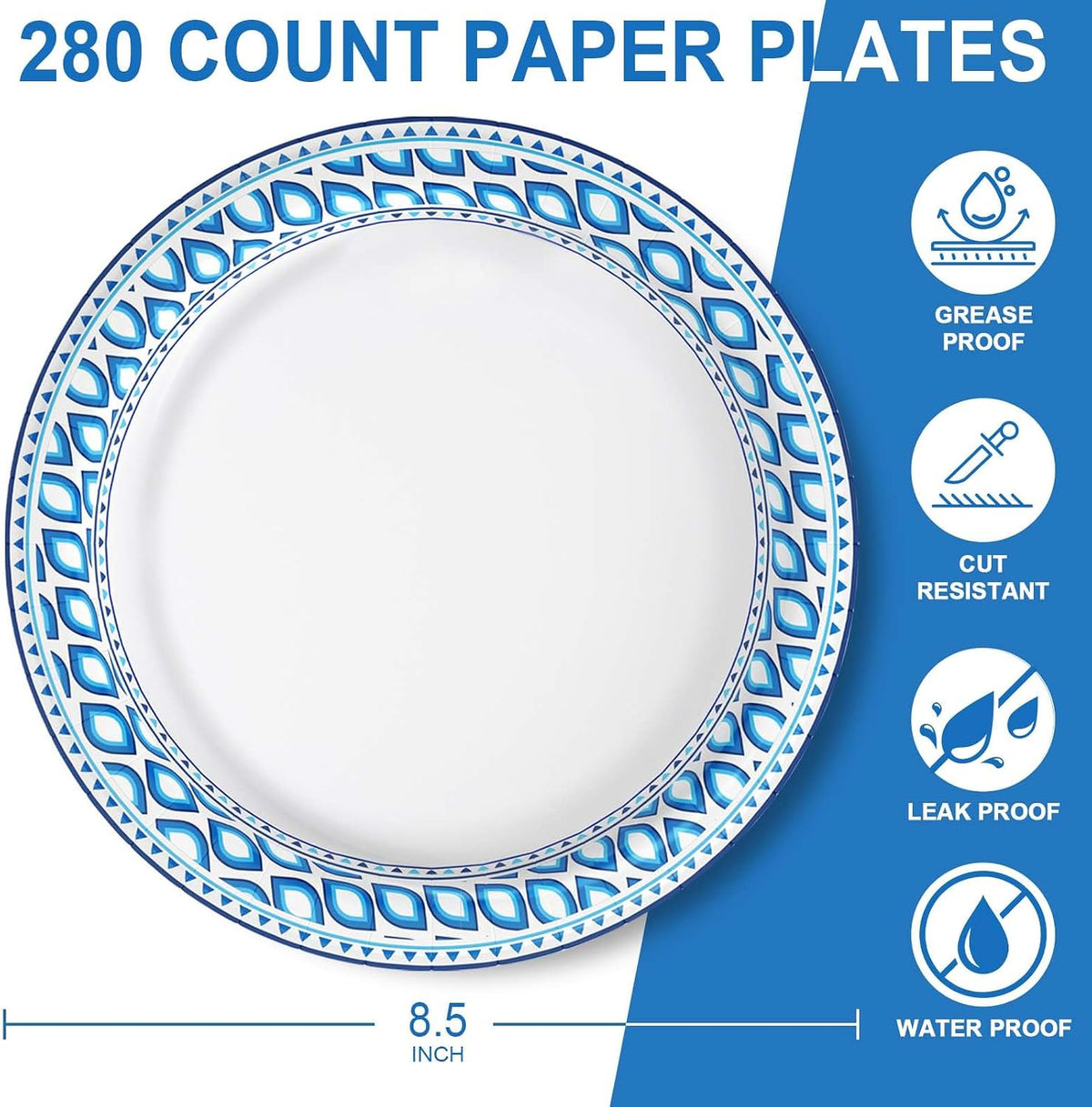 8.5 Inch 280 Count Paper Plates Heavy Duty Disposable Plates Blue