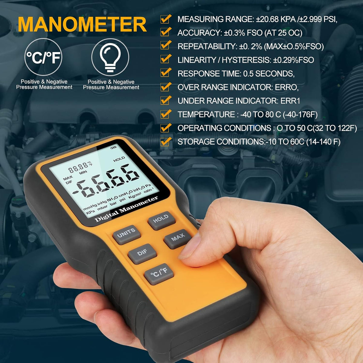 Manometer, Professional Air Pressure Meter, Dual-Port HVAC