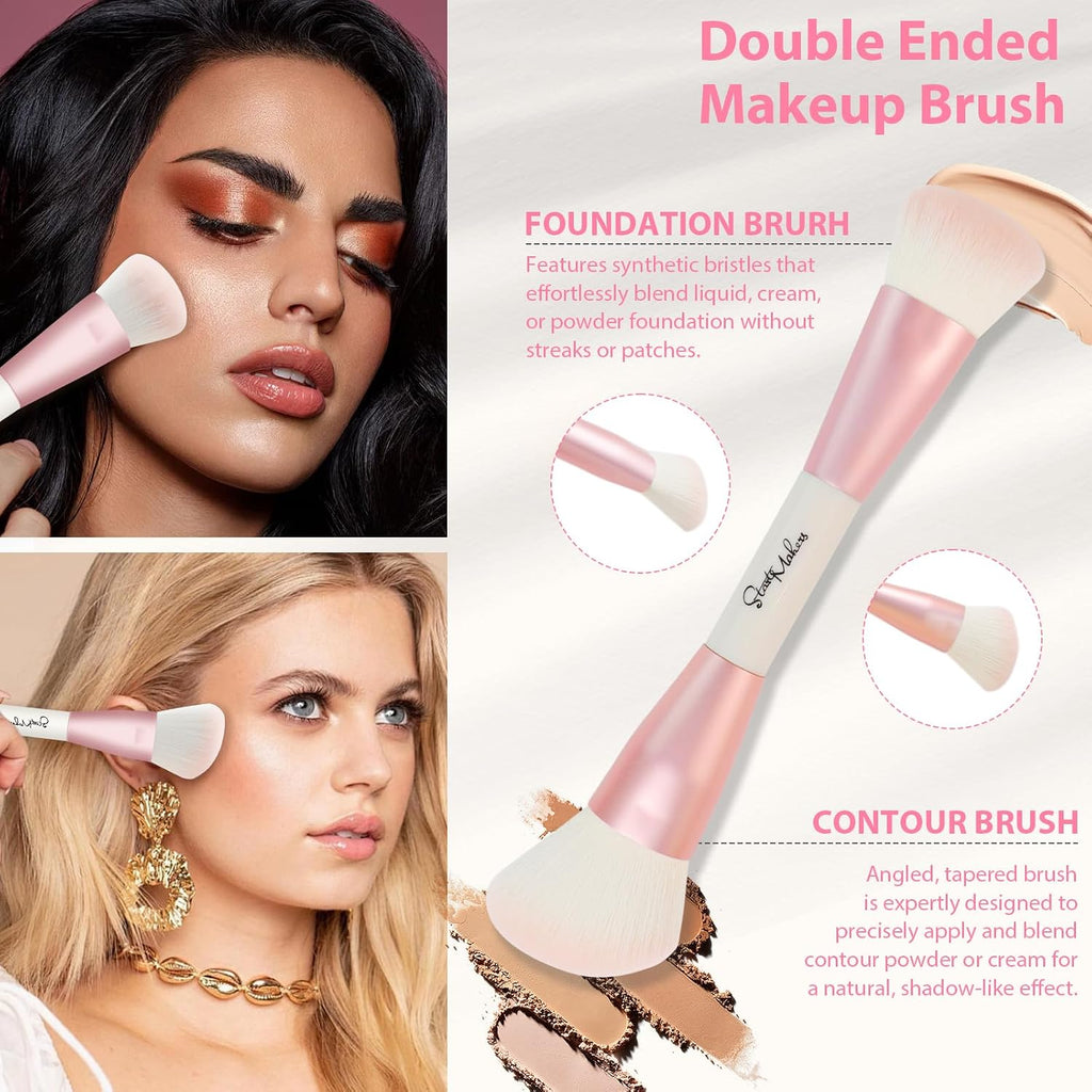 Makeup Brushes 5Pcs Dual Ended Pink Makeup Brush Set for Foundation Blush Bronzer Concealer Contour Powder Highlight