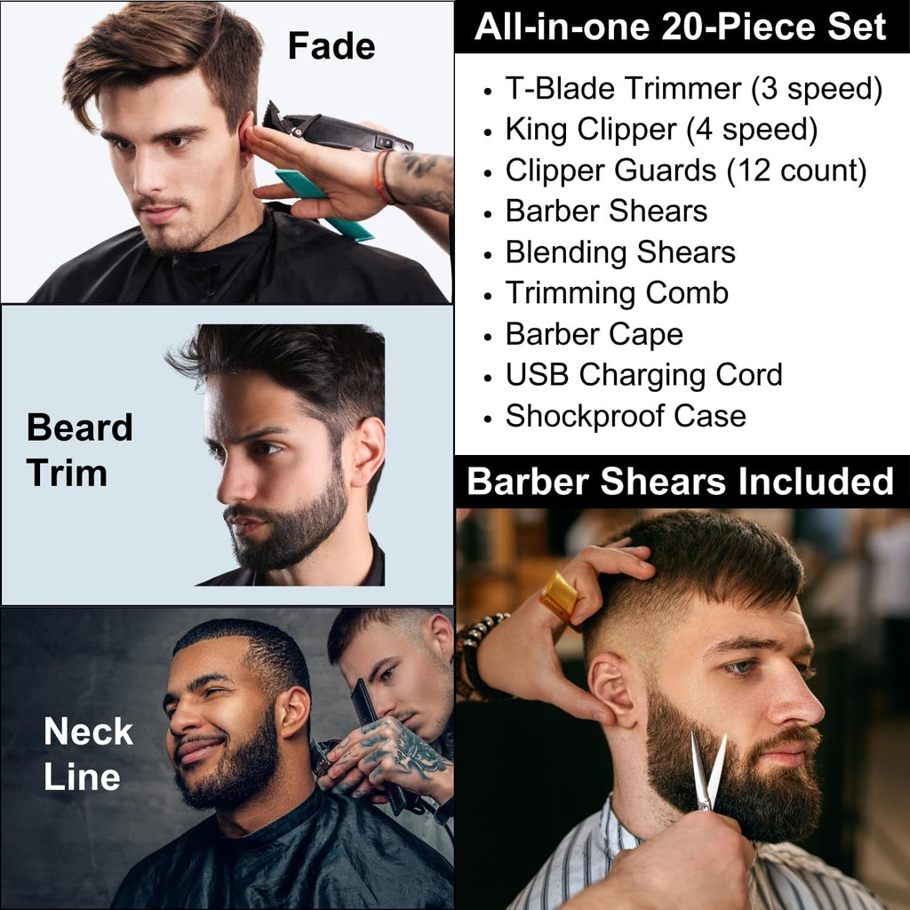 Multi-Speed Clipper Set, Gear Shifting, 20-Piece Grooming Kit for Men, T-Blade Plus King Clipper, Rechargeable Hair