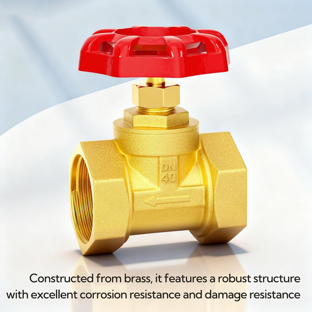 1-1/2" Female Thread Brass Industrial Globe Valves, DN40 Heavy Duty Globe Valves Wheel Red Handle with Teflon Tape for Water Oil Air