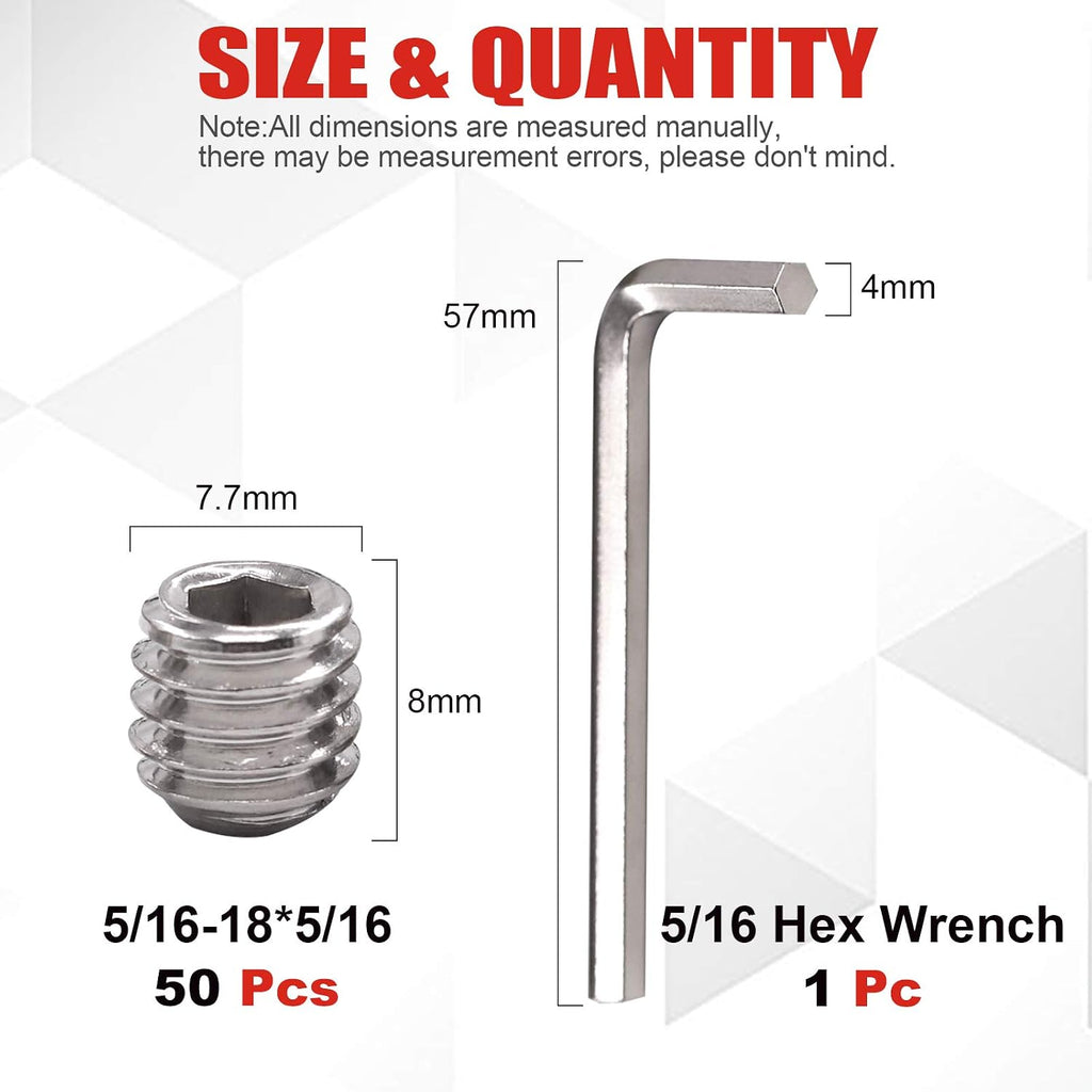 Hilitchi 50Pcs SAE Stainless Hex Allen Head Socket Set Screws Grub Screw Bolts Assortment Kit Internal Hex Drive Cup-Point Screws 5/16-18 x 5/16
