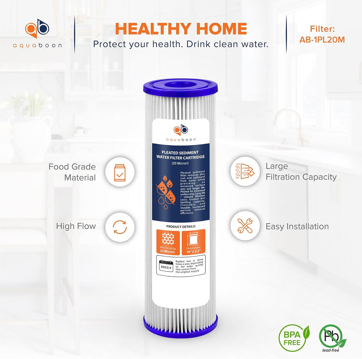 20 Micron Pleated Sediment Filter Cartridge 10 x 2.5 6-Pack