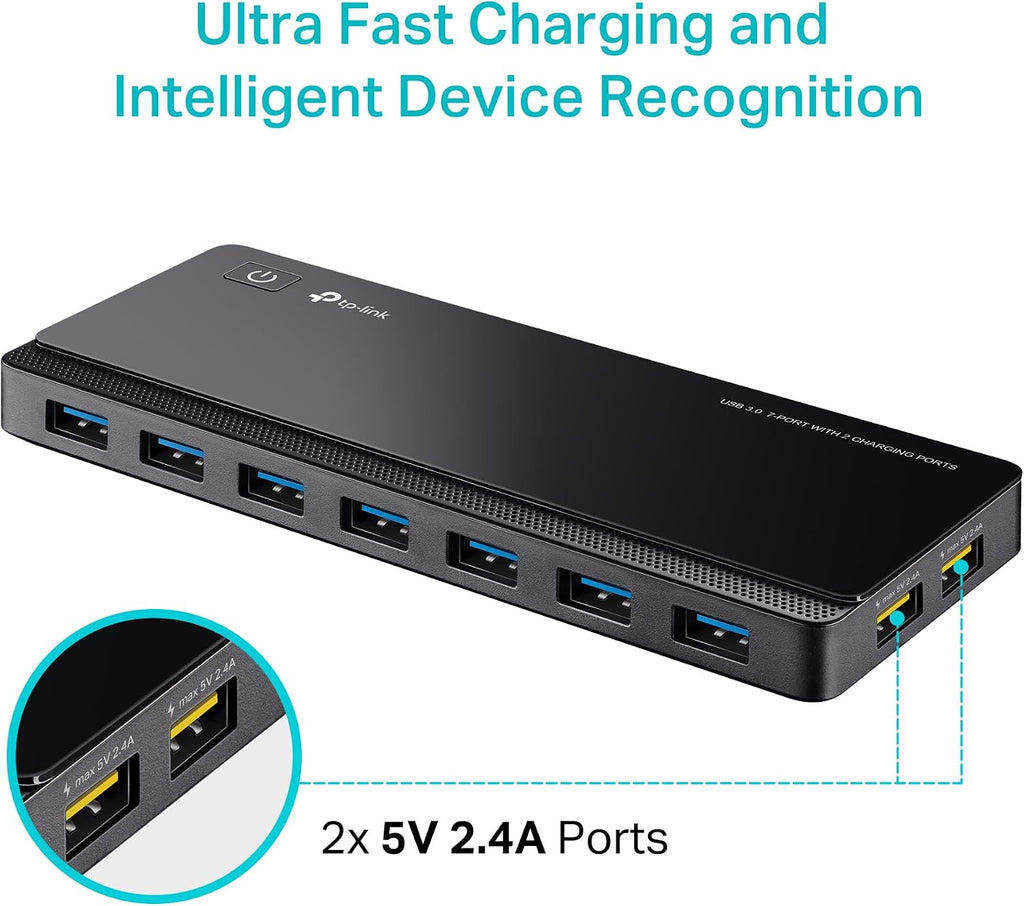 Powered USB Hub 3.0 with 7 USB 3.0 Data Ports and 2 Smart Charging USB Ports. Compatible with Windows, Mac, Chrome &