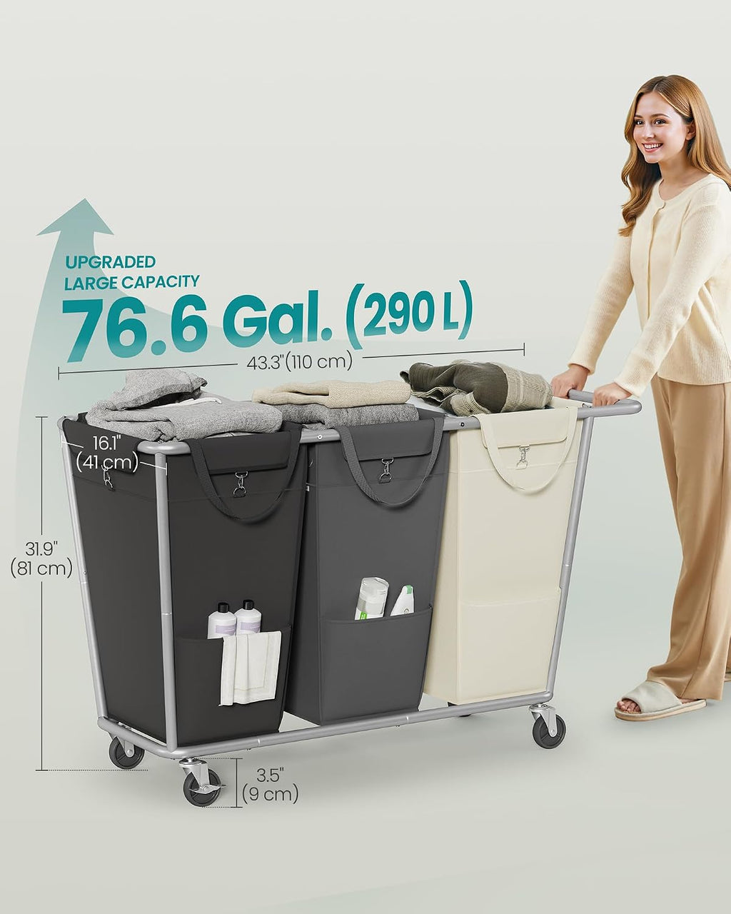 Laundry Basket with Wheels, 3-Section Laundry Sorter, 76.6 Gallons (290 L) Rolling Hamper with Removable Bags