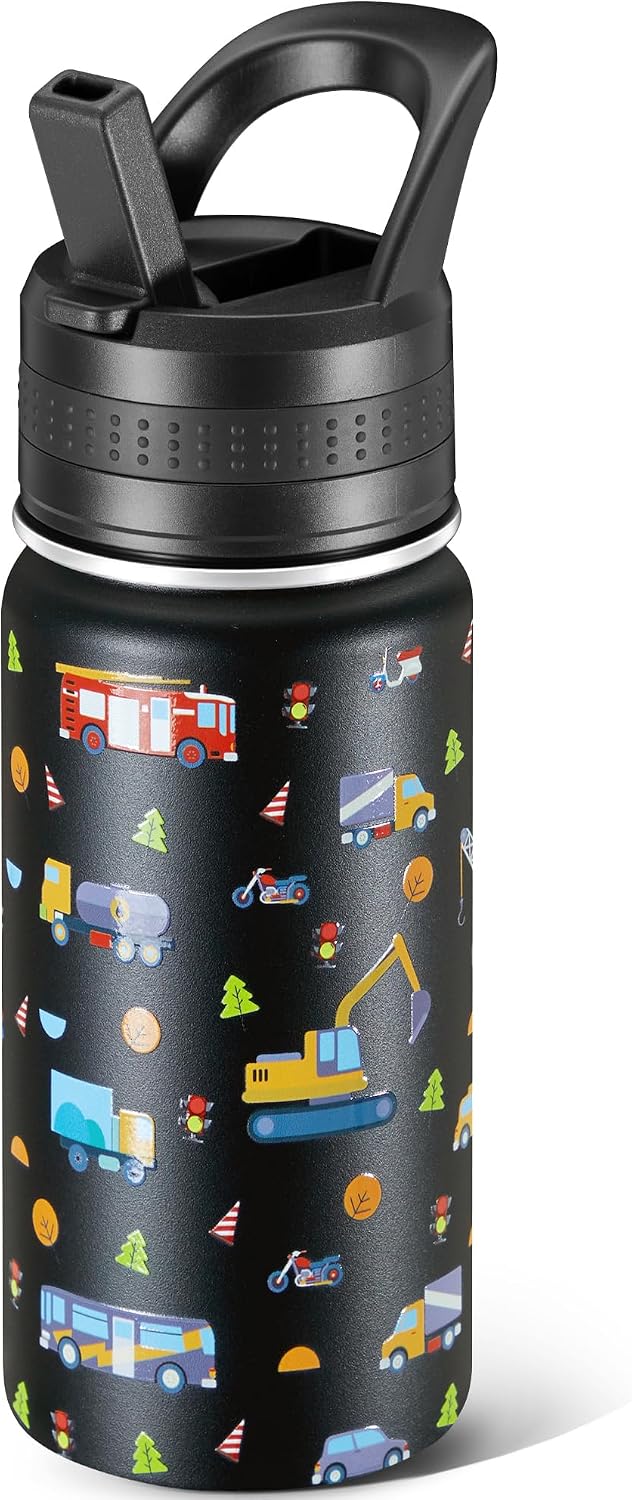 14 Oz Kids Water Bottle, Stainless Steel Water Bottle with Straws, Leak-Proof, BPA-Free, Insulated Water Bottles for