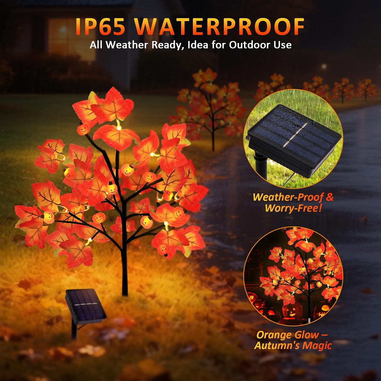 4 Packs Solar Fall Thanksgiving Decorations Outdoor, 80LED Maple Leaf Pumpkin Fall Lights for Outdoor Fall