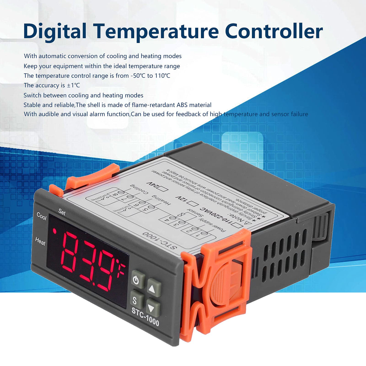Digital Temperature Controller, -1000 Cooling and Heating Temperature Controller Digital Thermostat with Sensor for Temperature Measurement Temperature Control (12V)