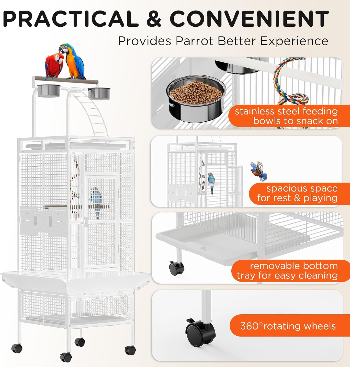 60 Inch White Parrot Cage with Play Top & 4 Feeder Bowls | Wrought Iron Large Bird Cage with Rolling Stand for