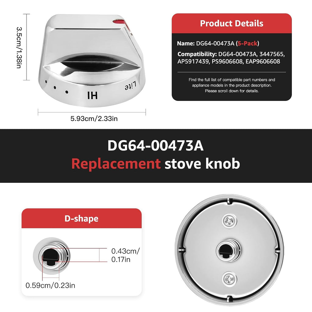 DG64-00473A Stove Knobs Replacement, Burner Control Dial Knob, 5-Pack