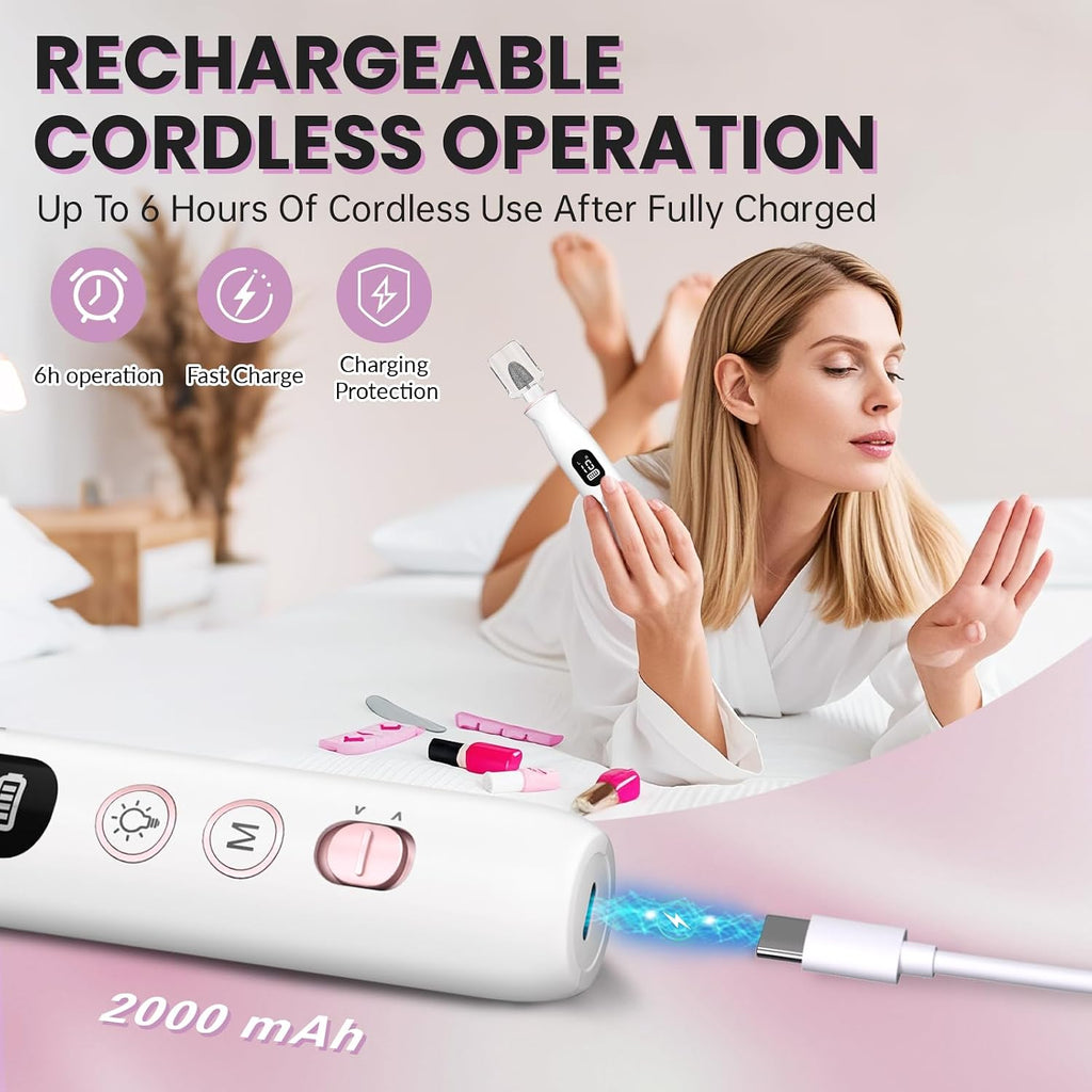 Electric Nail Drill Cordless 2000 mAh Rechargeable Portable Nail File Drill
