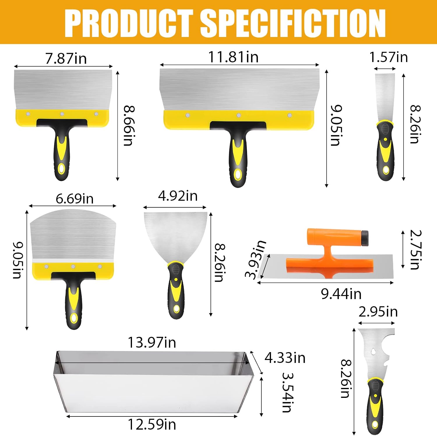 Drywall Knife Set, 8 Pieces Stainless Steel Drywall Hand Tool Kit Includes Taping Knives, Putty Knives, Finishing