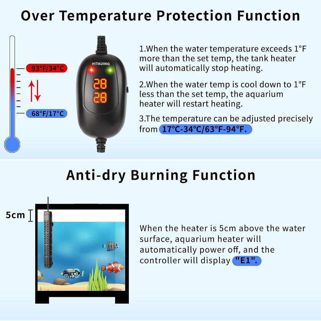 Aquarium Heater, 50W/100W/200W/300W/500W Submersible Fish Tank Heater with Over-Temperature Protection and Automatic